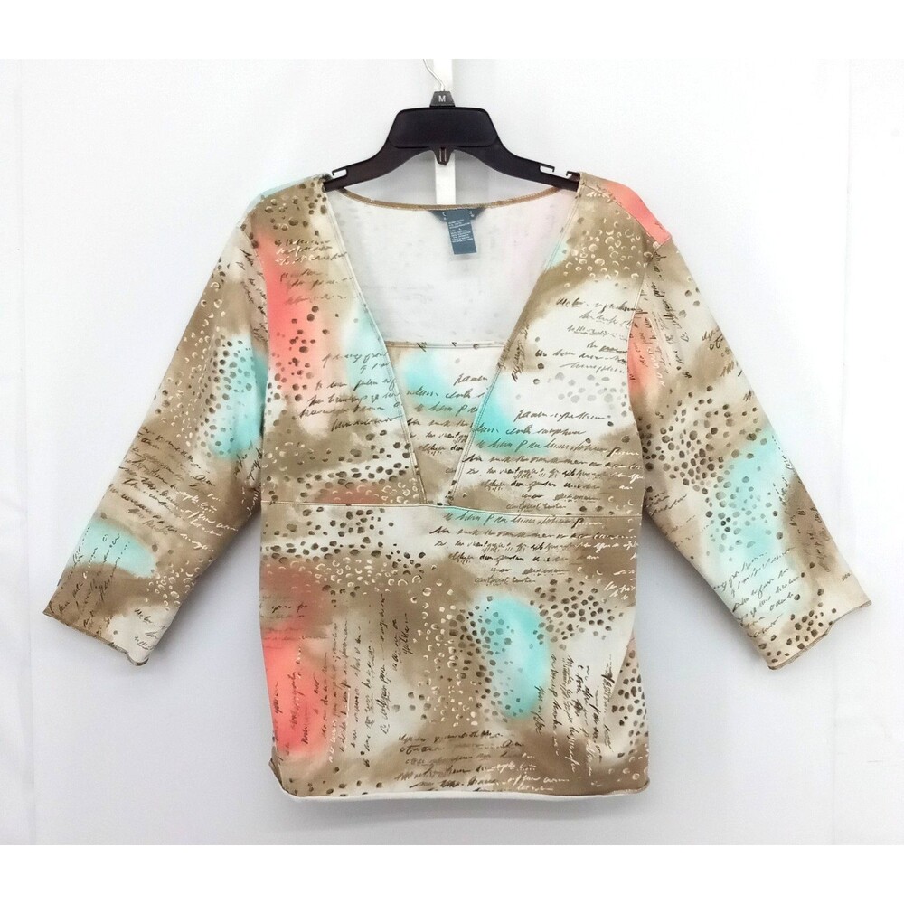 Koret Shirt Womens Large Brown All Over Print 3/4 Sleeve V Neck Casual Top
